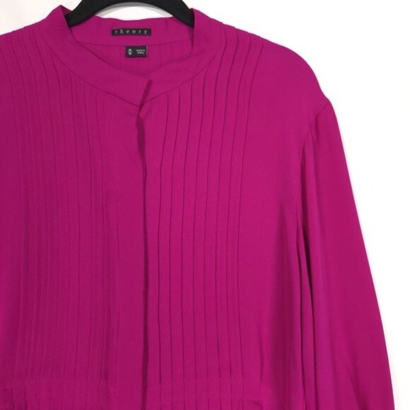 Theory Women's Top 100% SILK Pleated MEDIUM Shirt Hidden Button LS Pink Fuchsia - Picture 6 of 10